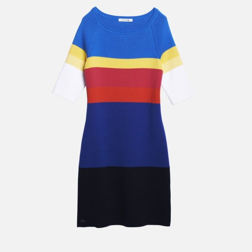 Lacoste Blue, Yellow, Red & White Striped Knit Midi Dress